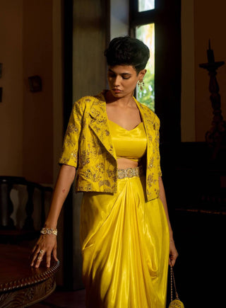 Paulmi & Harsh-Yellow Refreshing Self Woven Jacket And Skirt Set-INDIASPOPUP.COM