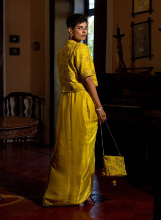 Paulmi & Harsh-Yellow Refreshing Self Woven Jacket And Skirt Set-INDIASPOPUP.COM