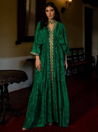 Paulmi & Harsh-Emerald Green Self Woven Kaftan With Pants-INDIASPOPUP.COM