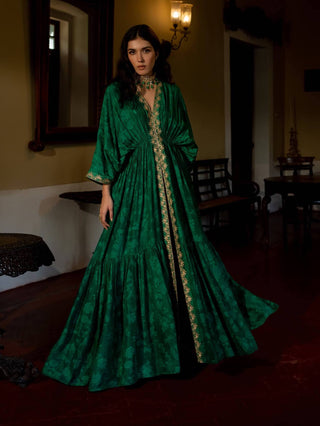 Paulmi & Harsh-Emerald Green Self Woven Kaftan With Pants-INDIASPOPUP.COM