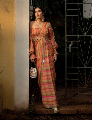 Paulmi & Harsh-Multicolor Vintage Stripe Sari Set-INDIASPOPUP.COM