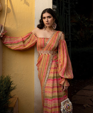 Paulmi & Harsh-Multicolor Vintage Stripe Sari Set-INDIASPOPUP.COM