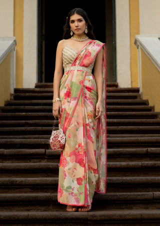 Paulmi & Harsh-Multicolor Bloom Printed Pre-Draped Sari Set-INDIASPOPUP.COM