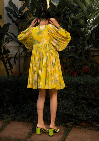 Paulmi & Harsh-Yellow Garden Of Bloom Short Dress-INDIASPOPUP.COM