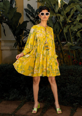 Paulmi & Harsh-Yellow Garden Of Bloom Short Dress-INDIASPOPUP.COM
