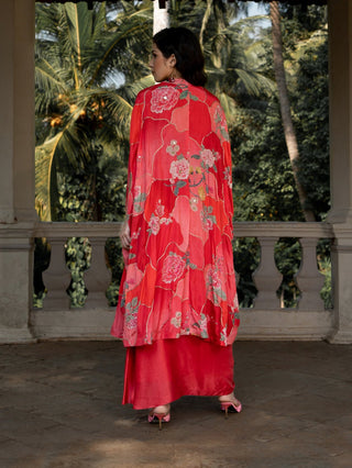 Paulmi & Harsh-Cherry Red Romantic Floral Jacket And Skirt Set-INDIASPOPUP.COM