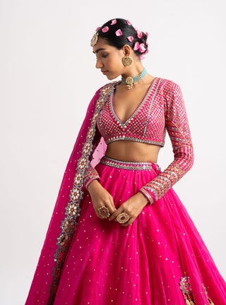 Vvani By Vani Vats-Fuschia Silk Organza Lehenga Set-INDIASPOPUP.COM