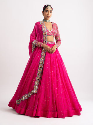 Vvani By Vani Vats-Fuschia Silk Organza Lehenga Set-INDIASPOPUP.COM