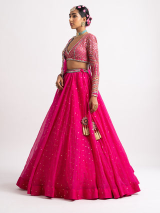 Vvani By Vani Vats-Fuschia Silk Organza Lehenga Set-INDIASPOPUP.COM