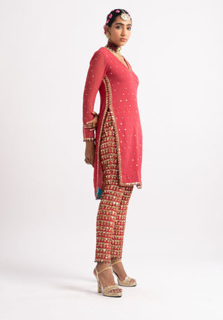 Vvani By Vani Vats-Deep Coral Heavy Pant Kurta Set-INDIASPOPUP.COM