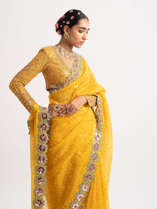 Vvani By Vani Vats-Yellow Mirror Border Saree With Blouse-INDIASPOPUP.COM