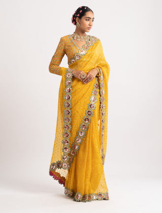 Vvani By Vani Vats-Yellow Mirror Border Saree With Blouse-INDIASPOPUP.COM