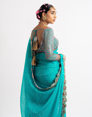 Vvani By Vani Vats-Peacock Green Mirror Border Saree With Blouse-INDIASPOPUP.COM