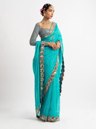 Vvani By Vani Vats-Peacock Green Mirror Border Saree With Blouse-INDIASPOPUP.COM