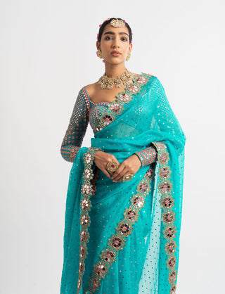 Vvani By Vani Vats-Peacock Green Mirror Border Saree With Blouse-INDIASPOPUP.COM