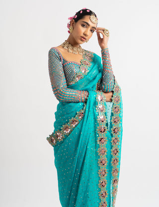 Vvani By Vani Vats-Peacock Green Mirror Border Saree With Blouse-INDIASPOPUP.COM