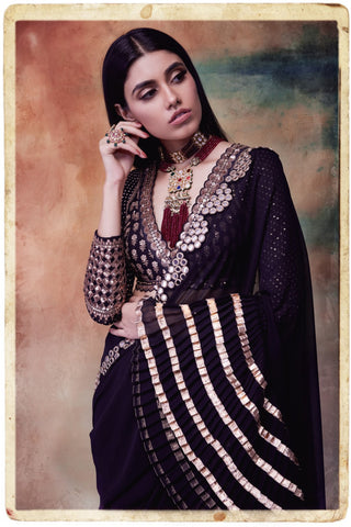 Vvani By Vani Vats-Black Embroidered Saree Set-INDIASPOPUP.COM