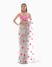 Vvani By Vani Vats-Grey Polka Applique Organza Saree-INDIASPOPUP.COM