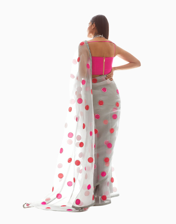 Vvani By Vani Vats-Grey Polka Applique Organza Saree-INDIASPOPUP.COM