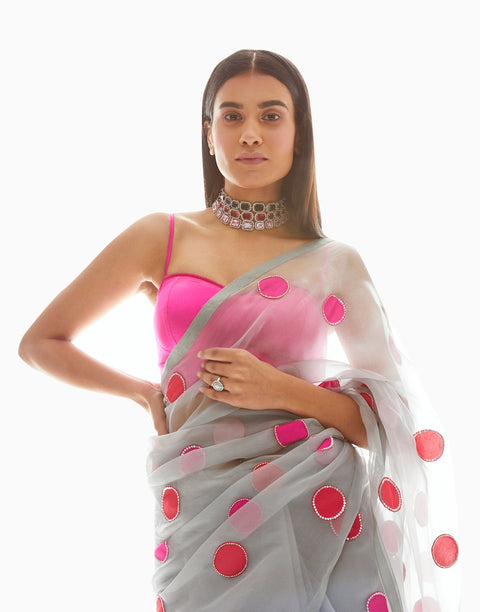 Vvani By Vani Vats-Grey Polka Applique Organza Saree-INDIASPOPUP.COM