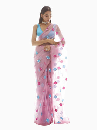 Vvani By Vani Vats-Dull Pink Applique Organza Saree-INDIASPOPUP.COM