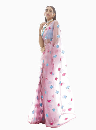 Vvani By Vani Vats-Dull Pink Applique Organza Saree-INDIASPOPUP.COM