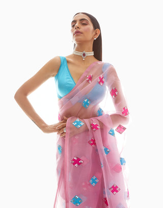 Vvani By Vani Vats-Dull Pink Applique Organza Saree-INDIASPOPUP.COM