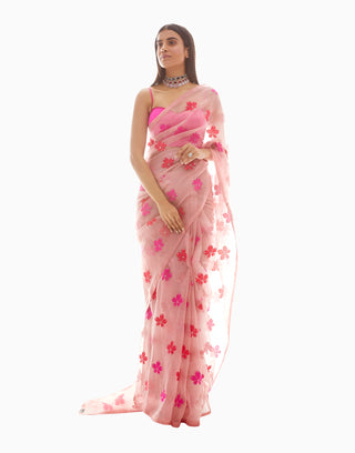 Vvani By Vani Vats-Pink Leaf Applique Organza Saree-INDIASPOPUP.COM