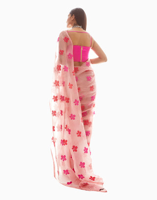 Vvani By Vani Vats-Pink Leaf Applique Organza Saree-INDIASPOPUP.COM