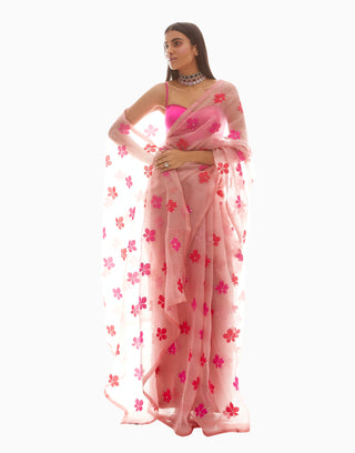 Vvani By Vani Vats-Pink Leaf Applique Organza Saree-INDIASPOPUP.COM