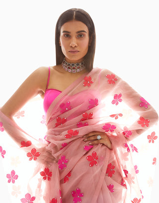 Vvani By Vani Vats-Pink Leaf Applique Organza Saree-INDIASPOPUP.COM