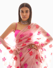 Vvani By Vani Vats-Pink Leaf Applique Organza Saree-INDIASPOPUP.COM