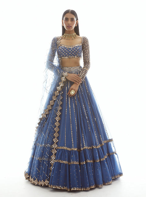 Vvani By Vani Vats-Dull Blue Linear Drop Tier Lehenga-INDIASPOPUP.COM