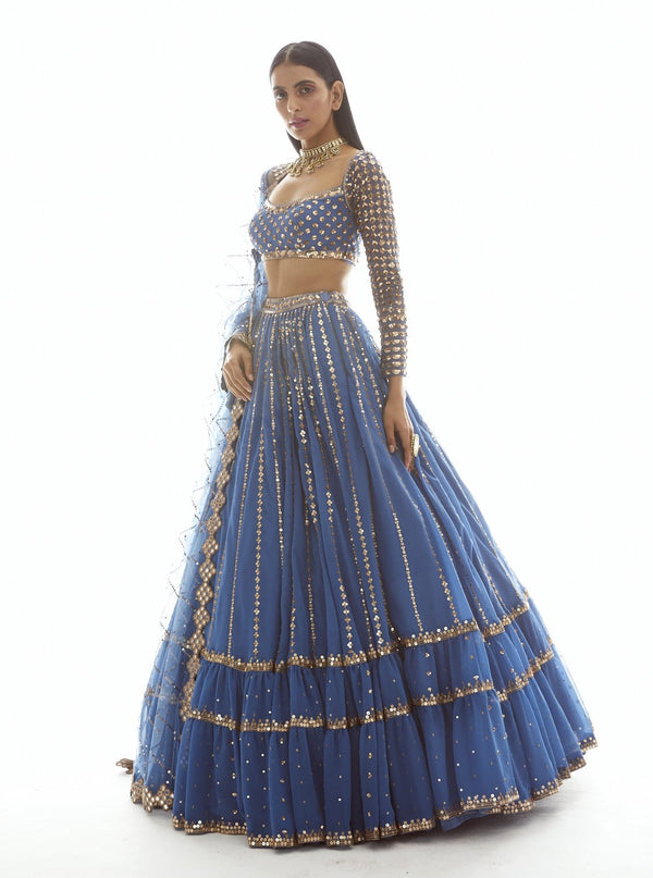 Vvani By Vani Vats-Dull Blue Linear Drop Tier Lehenga-INDIASPOPUP.COM