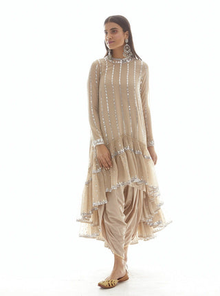 Vvani By Vani Vats-Beige Linear Tier Dhoti Kurta Set-INDIASPOPUP.COM