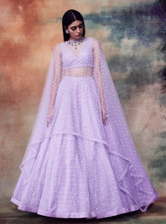 Vvani By Vani Vats - Lilac Embroidered Lehenga Set - INDIASPOPUP.COM