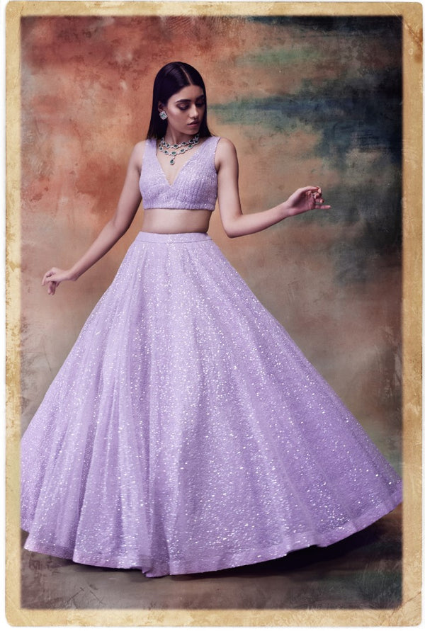 Vvani By Vani Vats - Lilac Embroidered Lehenga Set - INDIASPOPUP.COM