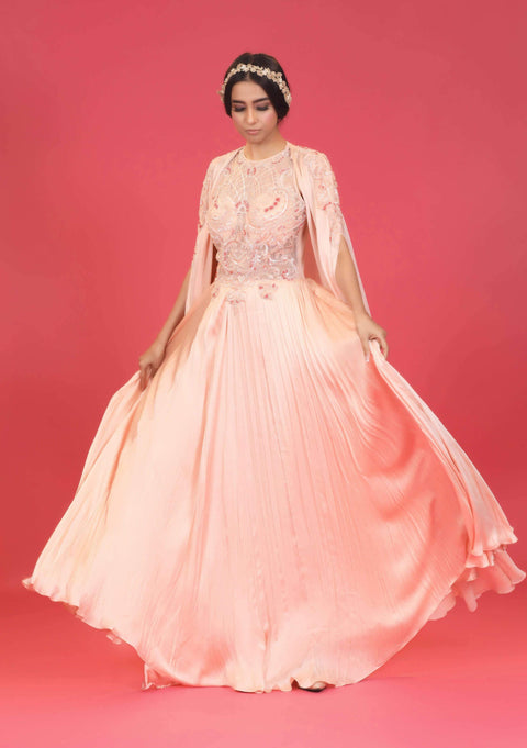 Megha & Jigar-Mauve Pink Gown With Cape-INDIASPOPUP.COM