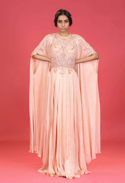 Megha & Jigar-Mauve Pink Gown With Cape-INDIASPOPUP.COM
