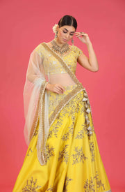 Megha & Jigar-Yellow Embroidered Lehenga Set-INDIASPOPUP.COM