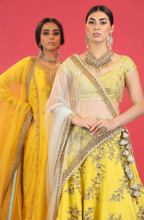 Megha & Jigar-Yellow Embroidered Lehenga Set-INDIASPOPUP.COM