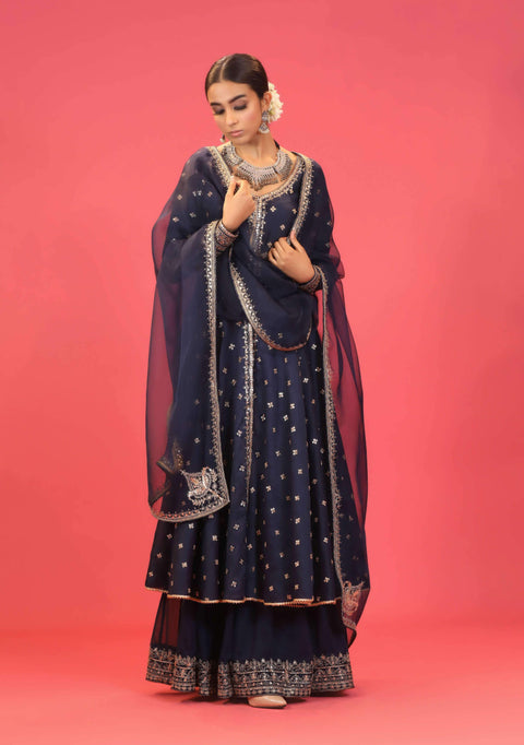 Megha & Jigar-Blue Chanderi Jacket Style Sharara Set-INDIASPOPUP.COM