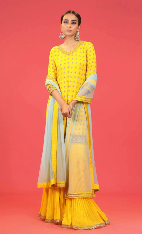 Megha & Jigar-Yellow Embroidered Gharara Set-INDIASPOPUP.COM