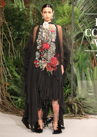 Varun Bahl-Black Layered Dress With Embroidered Corsage-INDIASPOPUP.COM
