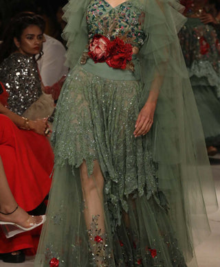 Varun Bahl-Sage Green Layered Tulle Skirt Set-INDIASPOPUP.COM