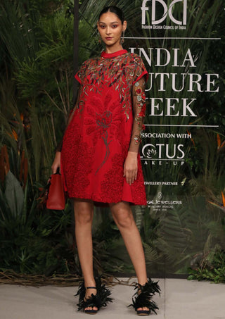 Varun Bahl-Fuschia Pink Textured Dress With Gloves-INDIASPOPUP.COM