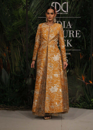 Varun Bahl-Mustard Embroidered Anarkali With Printed Dress-INDIASPOPUP.COM