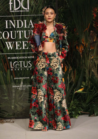 Varun Bahl-Green Floral Velvet Suit Set-INDIASPOPUP.COM