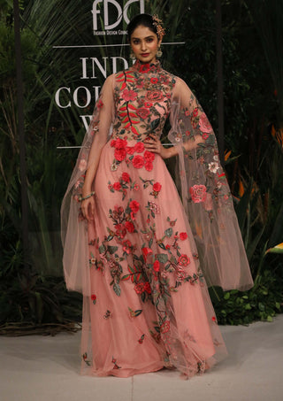 Varun Bahl-Pink Floral Embroidered Tulle Gown-INDIASPOPUP.COM