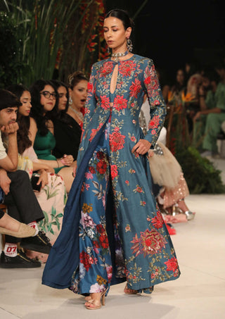 Varun Bahl-Midnight Blue Embroidered Anarkali And Trouser Set-INDIASPOPUP.COM
